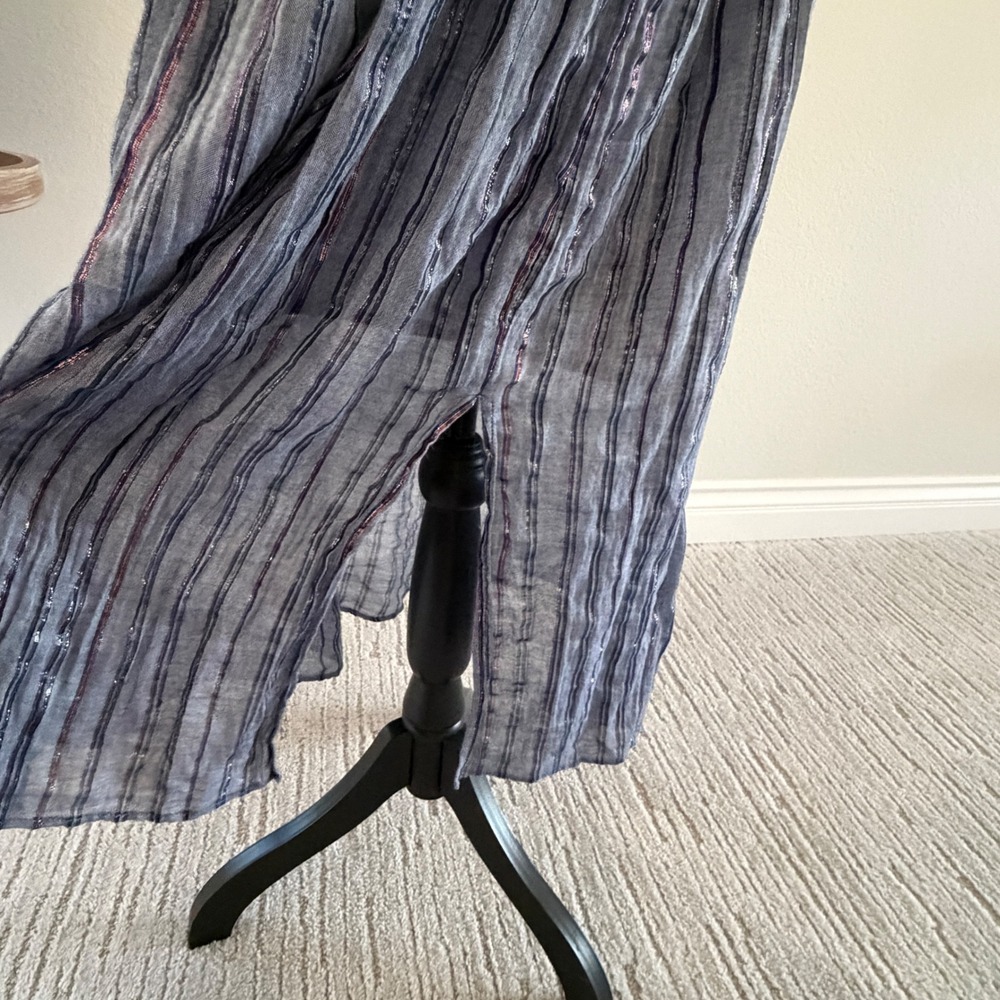 INC Midi Shimmer Dress‎ Womens Blue Purple Striped Smocked Waist Metallic Slit - Picture 3 of 11